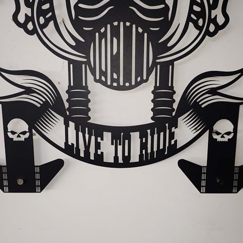 Handmade Metal Skull Wall Hanger – “Live To Ride” Motorcycle Helmet and Jacket Rack – Black Steel Wall Art for Garage, Man Cave, or Workshop Gift (61X69cm/24X27 Inches) - size: 61X69cm/24X27 Inches