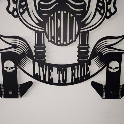 Handmade Metal Skull Wall Hanger – “Live To Ride” Motorcycle Helmet and Jacket Rack – Black Steel Wall Art for Garage, Man Cave, or Workshop Gift (52X59cm/20X23 Inches) - size: 52X59cm/20X23 Inches