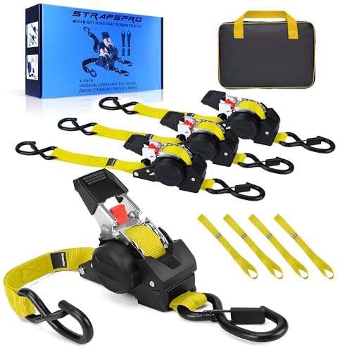 Retractable Ratchet Straps, 1763lb Break Strength Yellow Self Retracting Ratchet Straps Heavy Duty with Soft Loops, 1'' x 10FT Auto Tie Down Straps Easy Retract for Motorcycle, Truck, Cargo, 4 Pack - color: Yellow, size: 1" x 10FT - Retractable - 4 Pack