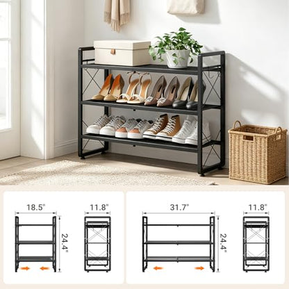 ELYKEN Shoe Rack, 3-Tier Expandable Shoe Organizer for Entryway, Metal Black Shoe Shelf with 4 Hooks, Ajustable Shoe Stand Holder for Closet, Garage, Door Entrance - size: 3-Tier