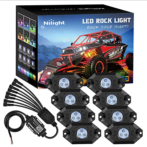 Nilight RGB LED Rock Lights Kit 8 pods Underglow Neon Multicolor with Bluetooth App Control Music Mode IP68 Exterior Wheel Well Party Lamp for ATV UTV Golf Cart Truck Boat RV - color: RGB 3LED, size: 8 Pods