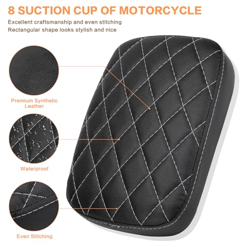 Motorcycle Rectangular Passenger Pad Seat Rear Leather Pillion Cushion 8 Suction Cup Compatible with Harley Dyna Sportster XL 883 1200 Chopper Custom - style: 8 Suction Cup-Black Rhombus White Stripe