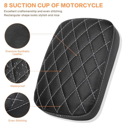 Motorcycle Rectangular Passenger Pad Seat Rear Leather Pillion Cushion 8 Suction Cup Compatible with Harley Dyna Sportster XL 883 1200 Chopper Custom - style: 8 Suction Cup-Black Rhombus White Stripe