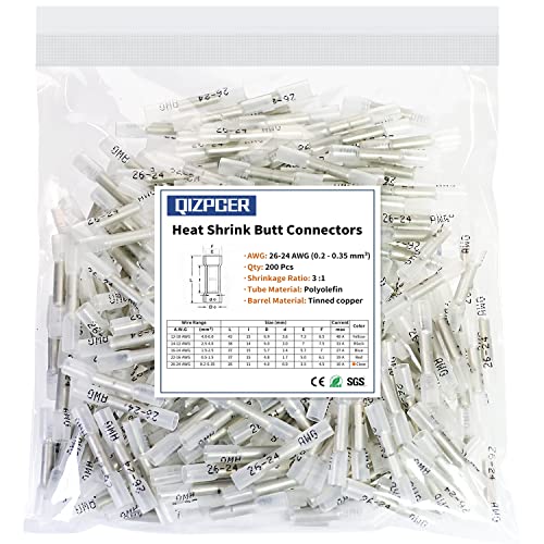Heat Shrink Butt Connectors, 200 Pcs Clear 26-24 AWG Insulated Waterproof Electrical Heat Shrink Wire Connectors Automotive Marine Wire Crimp Terminals Butt Splices for Boat, Car - size: 26-24 AWG