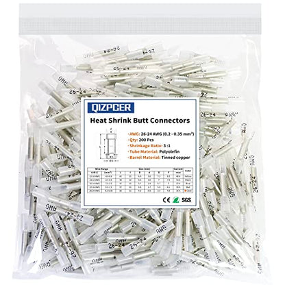 Heat Shrink Butt Connectors, 200 Pcs Clear 26-24 AWG Insulated Waterproof Electrical Heat Shrink Wire Connectors Automotive Marine Wire Crimp Terminals Butt Splices for Boat, Car - size: 26-24 AWG