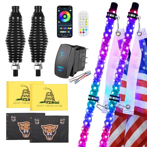 Ehaho 2 Pack 2FT Whip Lights with Spring Base,LED Whip Light with App & Remote Control, Spiral RGB Chasing Lighted Whips with Rocker Switch, Music Whip Light for UTV ATV Polaris RZR Can-Am SXS Truck - size: 2FT / (Pack of 2)