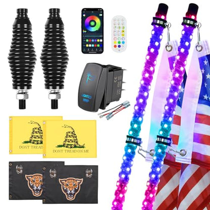 Ehaho 2 Pack 2FT Whip Lights with Spring Base,LED Whip Light with App & Remote Control, Spiral RGB Chasing Lighted Whips with Rocker Switch, Music Whip Light for UTV ATV Polaris RZR Can-Am SXS Truck - size: 2FT / (Pack of 2)