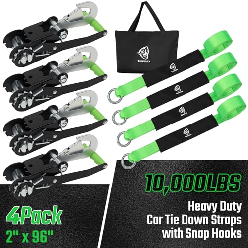 4 Pack Car Tie Down Straps for Trailers - 2" x 8' Heavy Duty Tire Straps with Snap Hooks - 10,000lbs Break Strength, Adjustable Lasso Style Wheel Straps for Hauling Cars, Truck, UTV(Green) - style: Snap Hooks