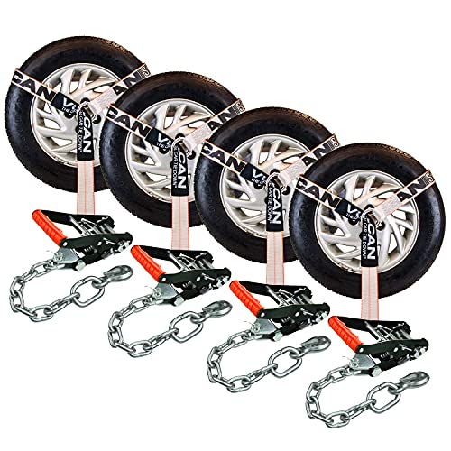 VULCAN Car Tie Down with Chain Anchors - Lasso Style - 2 Inch x 96 Inch - 4 Pack - Silver Series - 3,300 Pound Safe Working Load - size: Chain Anchors - Silver Series (4 Pack)