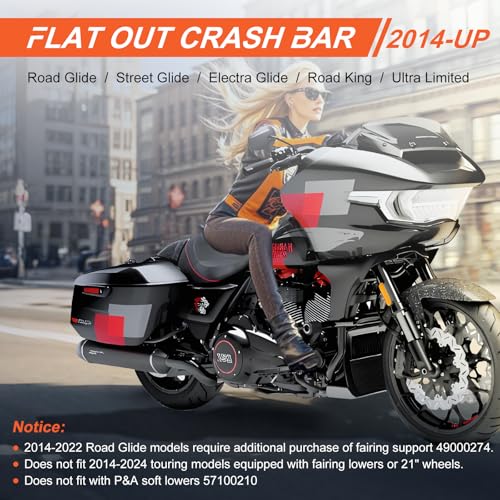 Engine Guard Flat Out Crash Bar for Harley Touring Street Glide Road Glide Road King Electra Glide Ultra Models (2014-2025) - color: Gloss Black Flat Out Crash Bar