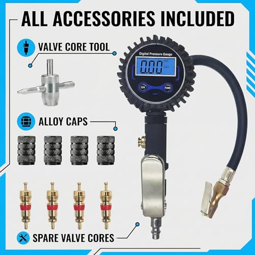 SUVCARMPING 250 PSI Digital Tire Pressure Gauge, Heavy Duty Air Pressure Gauge (±1% Accurate) with Lock-on Air Chuck, LED Backlit LCD and 4-Way Valve Tool for Heavy Trucks, RVs, Cars, Blue - size: blue(Lock-on Air Chuck)