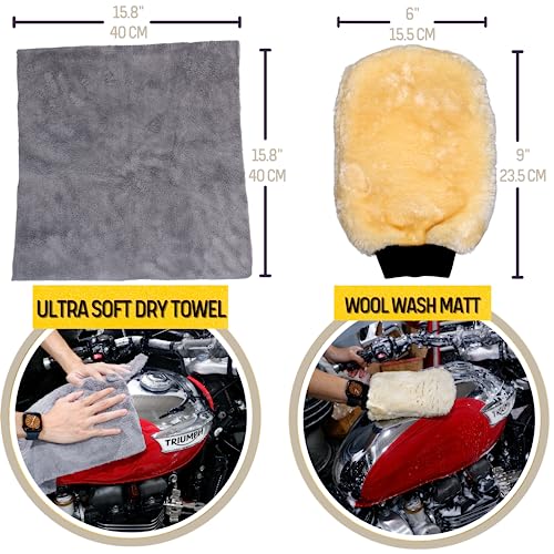 oesee Motorcycle Cleaning Kit 6 Pack Design for Chrome, Woolies Brush, Wool Wash Mitt, Tire&Chain Brush, Detailing Brush& Ultra Plush Towel for Motorcycle& Bike Chrome Painted, Rims, Exhaust, Surface - size: Grey(6 Pack)