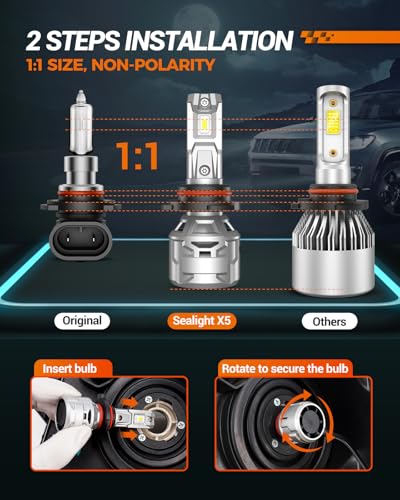 SEALIGHT 9005/HB3 30000LM Bulbs, 6500K Cool White 9005 Fog Lights with 15000RPM Cooling Fan, 60,000-hour Ultra-long Lifespan, Plug-N-Play Headlight Housings Pack of 2 - size: X5 9005