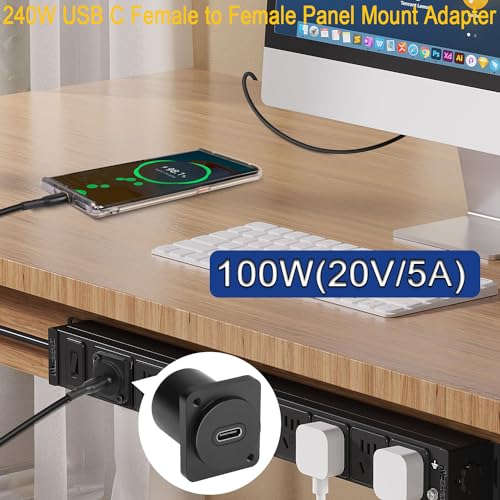 QIANRENON 10Gbps USB-C to USB-C Panel Mount Adapter, Type-C 3.1 Female to Female Straight Connector, 100W Charging, Integral Al Alloy Housing, D-Type/XLR Panel Mount, Extension