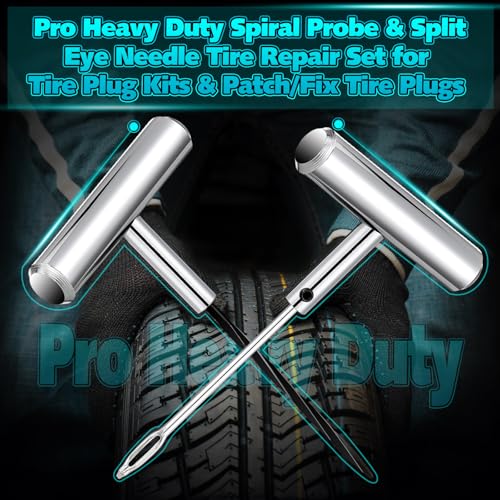 Saillong Tire Plug Tool Heavy Duty Plug Kit Stainless Steel T Handle Set Spiral Probe and Split Eye Needle Tire Repair Set for Automobiles Motorcycles Bicycles Car Truck