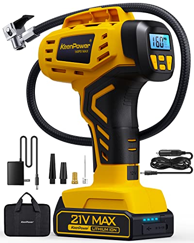 KeenPower Tire Inflator Portable Air Compressor - Super Fast - 21V Rechargeable Battery Powered Handheld 160PSI Tire Inflator, Dual Power Supply Modes, Portable Air Pump for Car Motorcycle E-Bike - color: Yellow