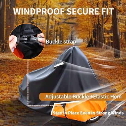 Motorcycle Cover Waterproof Outdoor 300D Oxford PU Coated, Black & Orange Motorcycle Accessories with Lock-Hole, Air Vents & Storage Bag, Fits Harley Touring Road King, Street Glide, Road Glide
