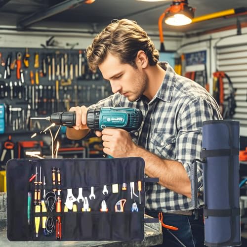 23 Pocket Tool Bag Roll Up, Tool Organizer for Men gift, Portable Tool Storage with Zipper Pouch, Compact Small Toolbag for Handyman RV Owners, Birthday Gifts - style: Blue Tool Bag