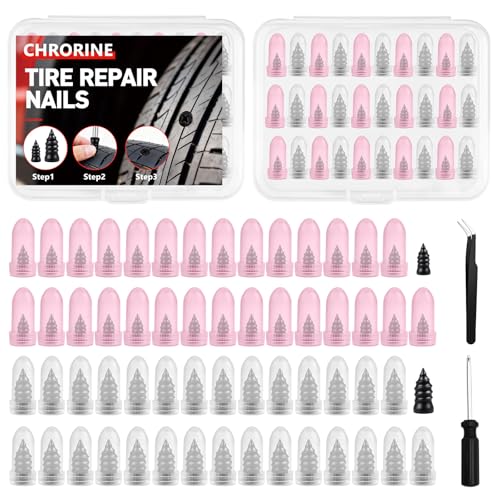 CHRORINE 60 Pcs Tire Repair Rubber Nail 2 Sizes Vacuum Tire Repair Kits Screw in Tire Plugs Suitable for Repairing Tires of Cars Motorcycles Trucks and Tractors