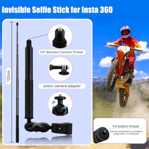 Motorcycle Double Clamp Mount Kit with 47" Invisible Selfie Stick compatible for Insta 360 X5-X Heavy-Duty Camera Bike Handbar Holder compatible for DJI Osmo Nano 360 Riding Record ATV UTV Boat