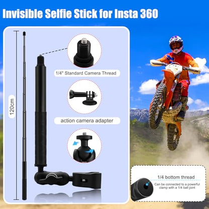 Motorcycle Double Clamp Mount Kit with 47" Invisible Selfie Stick compatible for Insta 360 X5-X Heavy-Duty Camera Bike Handbar Holder compatible for DJI Osmo Nano 360 Riding Record ATV UTV Boat