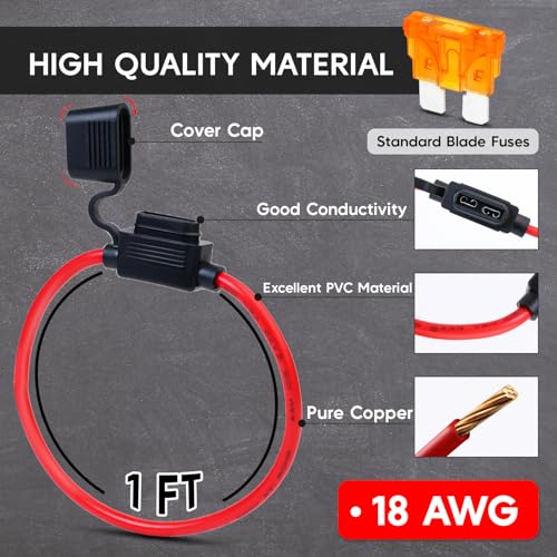Pack of 10 Inline Fuse Holder 18AWG 1FT – Heavy Duty Automotive Blade Fuse Holder 2A/3A/5A/7.5A/10A/15A/20A Ideal for Car, Marine, Solar, and RV Applications (70 Fuses in Set) - size: 18AWG (10 Pcs)