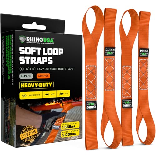 Rhino USA Soft Loop Tie Down Straps (4-Pack) - 1.6 Inch x 17 Inch (5,000 lbs Break Strength) Heavy Duty Motorcycle Handlebar Straps for use with Ratchets for ATV, UTV, Dirt Bike (Orange) - color: Orange 4-Pack