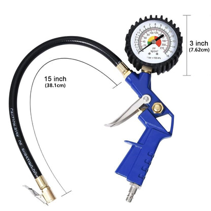 Tire Inflator with Pressure Gauge 16 Bar, 220 PSI Air Chuck with Hose and Quick Connect Plug for RV Car Motorcycle Bike