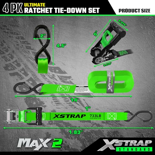XSTRAP STANDARD 4PK Motorcycle Ratchet Straps, 1" x 15ft, 2,200 lbs Break Strength Tie Down Straps with Safety Lock S-Hooks, Soft Loop Straps and Stickers for Trucks, Cargo, Moving (Green) - size: Green-2200 lbs-4Loops