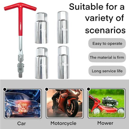 5 PCS Spark Plug Socket Wrench Set, T-Handle Remover Installer Tool with 16mm (5/8") & 21mm (13/16") Sockets, 360° Swivel Carbon Steel Tool for Motorcycle, Lawn Mower & Small Engine