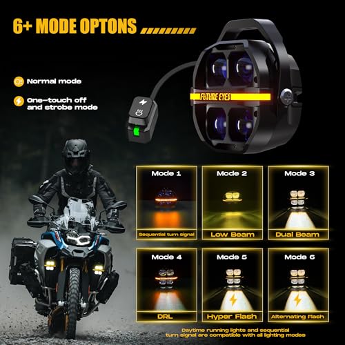 Future Eyes Motorcycle Driving Lights – 180W LED Fog Lights with Amber & White Beams, Waterproof Auxiliary Spotlights with DRL, Strobe, Signal, for Night Riding Off-Road UTV ATV
