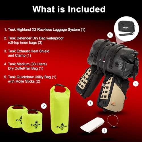 TUSK Highland X2 Rackless Luggage System w/Medium Dry Duffel Tail Bag Standard Heat Shield Black/Tan - color: Black/Tan, size: Medium Dry Duffel/Tail Bag, style: Standard Heat Shield