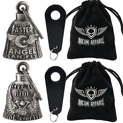 Dream Apparel 2 Pack Motorcycle Bells Guardian Angel for Biker Rider Men Women Ride Riding with Hangers, Drive Away Gremlins - color: Wing Wheel + Live to Ride & Ride to Live & Wings