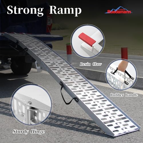 Ruedamann 7.5FT Aluminum Motorcycle Ramp, 750 lbs Capacity, Folding Truck Ramp for ATV, Motorcycle, Lawn Mower, Dirt Bike, Ribbed Plate Traction, Rubber-Tipped Fingers, Load Straps Included, 1 PC