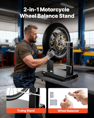 VEVOR Motorcycle Wheel Balancer, Tire Balancer & Truing Stand for Hollow & Solid Axle Wheels, Heavy-Duty Design with Adjustable Cones and Truing Pointer for Sport and Dirt Bikes - style: Hollow & Solid Axle