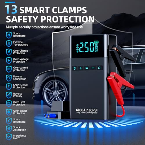 10-in-1 Portable Car Battery Jump Starter with Air Compressor, 6000A 160PSI Portable Car Jumper Starter (All Gas 12L Diesel), 12V Jump Box Car Battery Jump Starter with Jumper Cables, Lights