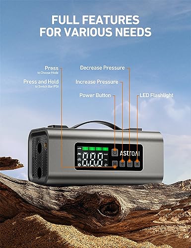 AstroAI 2500A Portable Car Battery Jump Starter with 150PSI Air Compressor 30W Quick Charger, 14800mAh Jump Box (7.5L Gas & 5.0L Diesel) 12V Jump Box with Booster, LED Light, Jumper Cables - color: Grey