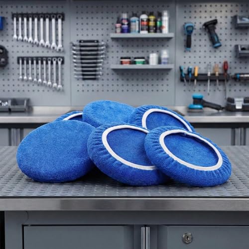 6 PCS Car Buffing Pads for 9-10 Inch Orbital Polisher, Microfiber Polishing Bonnets Buffer Pad Cover, Soft Wax Applicator for Car Detailing (Blue)
