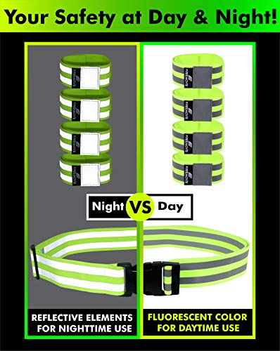 FREEMOVE Reflective SASH with 2 Bands - or - Reflective Runners Waist Belt with 4 Arm Bands > Easy to Put On/Off Reflective Gear for Guaranteed Visibility & Safety for Dog Walking, Running, Cycling - color: Yellow BELT and BANDS