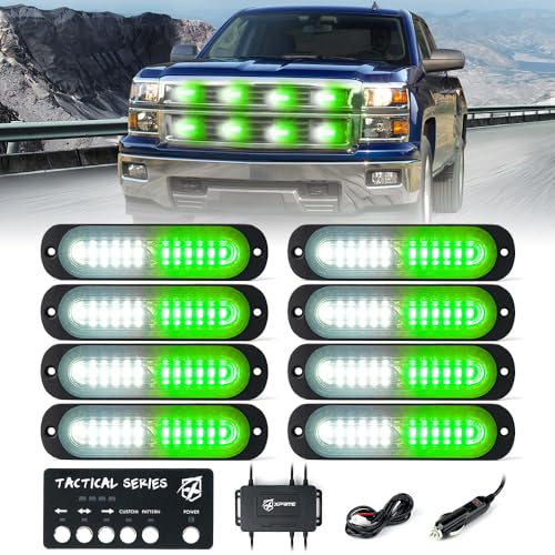 Xprite White Green LED Surface Mount Strobe Lights Kit, w/Control Panel Emergency Safety Warning Flashing Grille Cop Marker Light Assembly for Vehicles Trucks ATV UTV Motorcycle 8PCS - color: White Green, size: 8PCS
