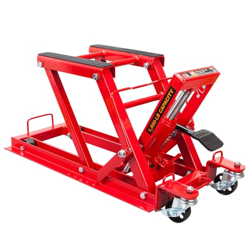 Big RED 1500LBS Hydraulic Motorcycle Lift Jack, Powersports Lift Table Operated ATV Dirt Bike Scissor Jack Stand, Fit for Motorcycle UTV Snowmobile, Red - color: 2025 Hydraulic Motorcycle Lift Jack