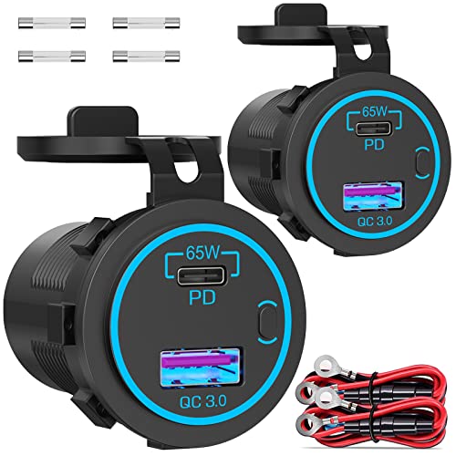 83W 12V USB Outlet Laptop Charger: 2 Pack 65W USB-C PD3.0 and 18W QC3.0 Multi Car Port 12V Socket Waterproof with Power Switch for Car Boat Marine Bus Truck Golf Cart RV Moto, etc. - color: 65W