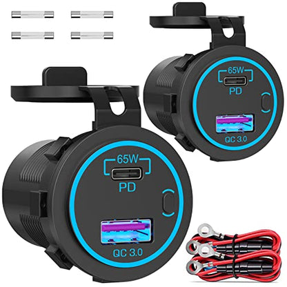 83W 12V USB Outlet Laptop Charger: 2 Pack 65W USB-C PD3.0 and 18W QC3.0 Multi Car Port 12V Socket Waterproof with Power Switch for Car Boat Marine Bus Truck Golf Cart RV Moto, etc. - color: 65W