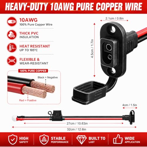 SAE to O Ring Connector 1FT 10AWG, SAE Battery Quick Connect Plug Waterproof Extension Cable for Solar Panel, Street & Road Glide Motorcycle Charging Port Upgrade, RV, Solar Generator Battery Charger - size: 1FT