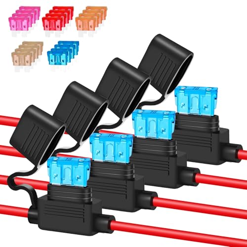 Anyongora 4 Pack 16AWG Inline Fuse Holder, Waterproof Precision 12V/24V Automotive Fuse Holder Kit with 20pcs ATC/ATO Fuses (3A-15A), Tinned Copper Wire for Dash Cam GPS