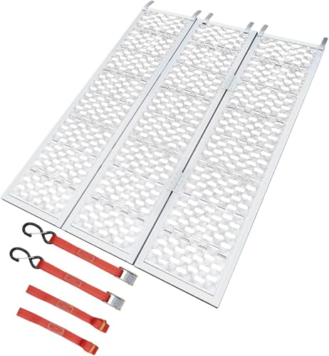 Tri-Fold Aluminum Loading Truck Ramps, 54”W x 77”L, 1500 Lbs Heavy Duty Motorcycle Ramp with Load Straps and Top Hook Extra-Wide Anti-Slip Foldable Ramp for ATV/UTV/Lawnmower/Tractor - size: 54”W x 77”L