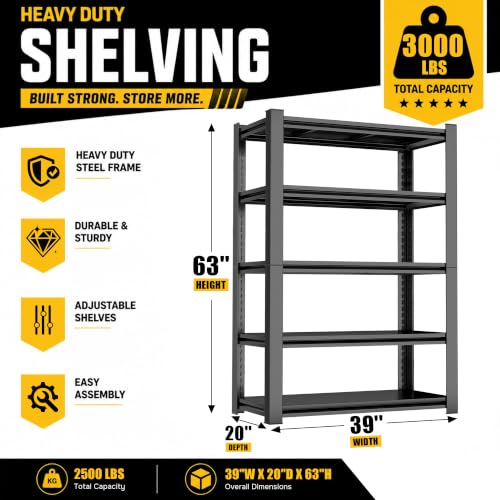 Metal Garage Shelving 5 Tier, Heavy Duty Garage Storage Shelves, Adjustable Steel Shelving Unit, Deep Metal Storage Rack for Garage Warehouse Workshop, Black, 39" W x 20" D x 63" H - size: 5TIER-39"W X 20"D X 63"H