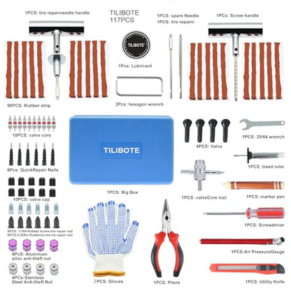 TILIBOTE Tire Repair Kit,117pcs Heavy Duty Tire Plug Kit,with Universal Tire Patch Kit to Plug Flats for Car/Motorcycle/Truck/Tractor/Trailer/RV/ATV
