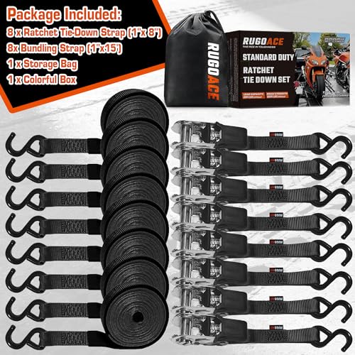 8-Pack Ratchet Tie Downs, 15Ft Heavy Duty Lashing Straps, 1800LBS Break Strength, Cargo Straps with Rubber Handle & S Hooks for Moving Appliances, Motorcycle, ATV, UTV, Truck Bed, Black - color: Black