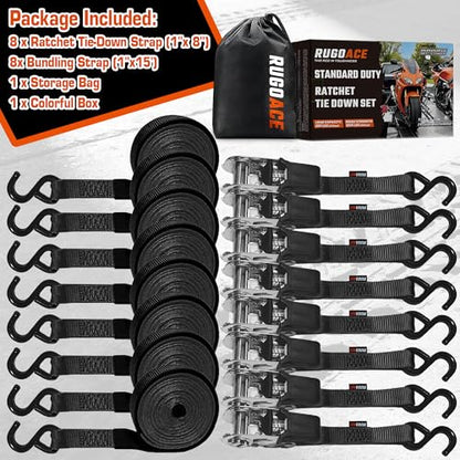 8-Pack Ratchet Tie Downs, 15Ft Heavy Duty Lashing Straps, 1800LBS Break Strength, Cargo Straps with Rubber Handle & S Hooks for Moving Appliances, Motorcycle, ATV, UTV, Truck Bed, Black - color: Black